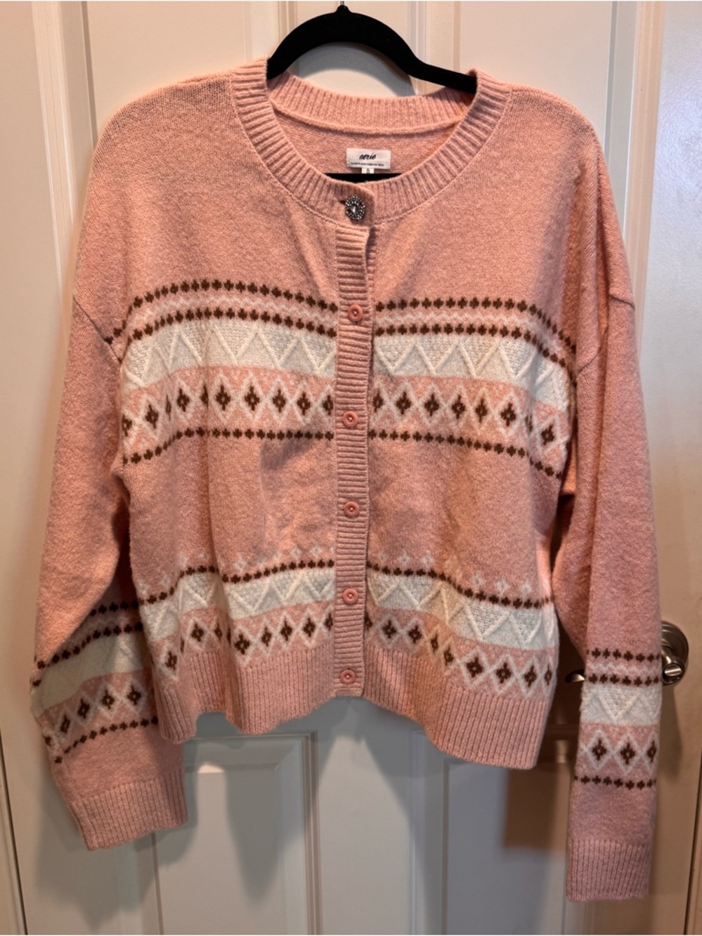 aerie Pink Fair Isle Button Cardigan